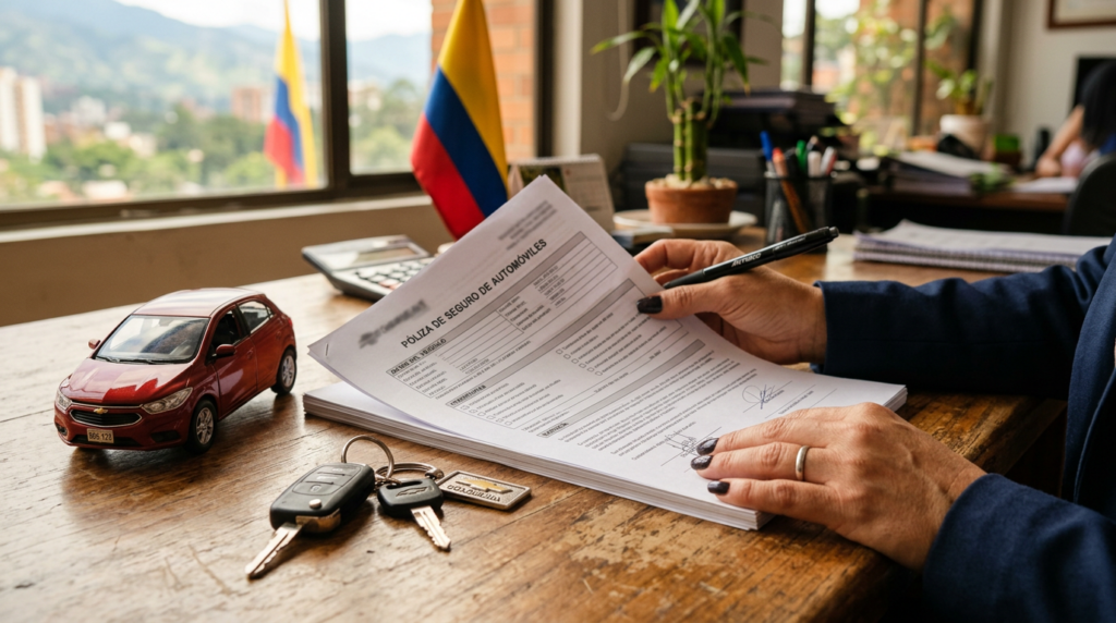 Persona revisando una póliza de seguro de vehículo todo riesgo en Colombia, con las llaves del carro sobre el documento